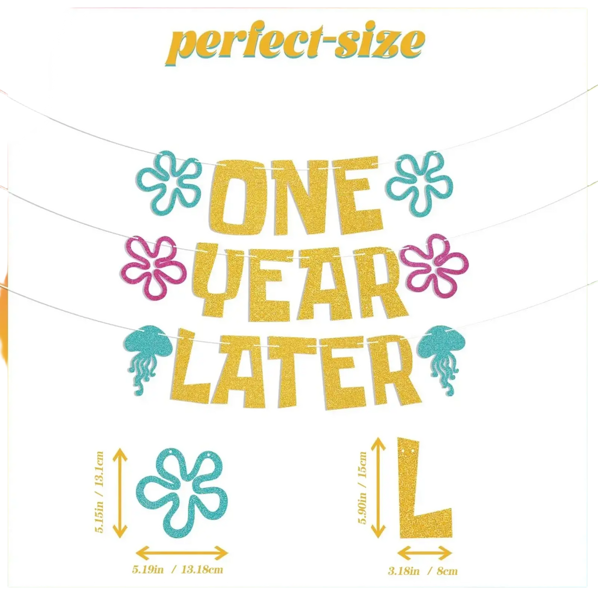 Glittery gold one year later banner with teal and pink floral accents and jellyfish for sea animal first birthday decor