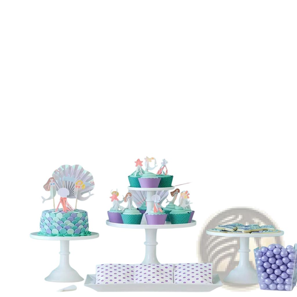 Mermaid-themed birthday cake with scalloped iridescent teal and purple frosting designed for gold sea animal first birthday banner undersea decor