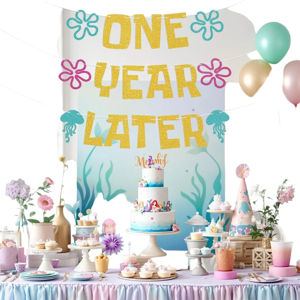 A three-tiered cake with white and blue frosting decorated with mermaid figurines for undersea first birthday decor