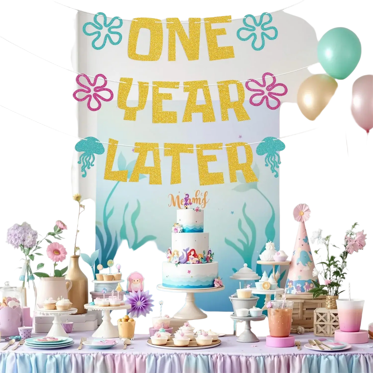A three-tiered cake with white and blue frosting decorated with mermaid figurines for undersea first birthday decor