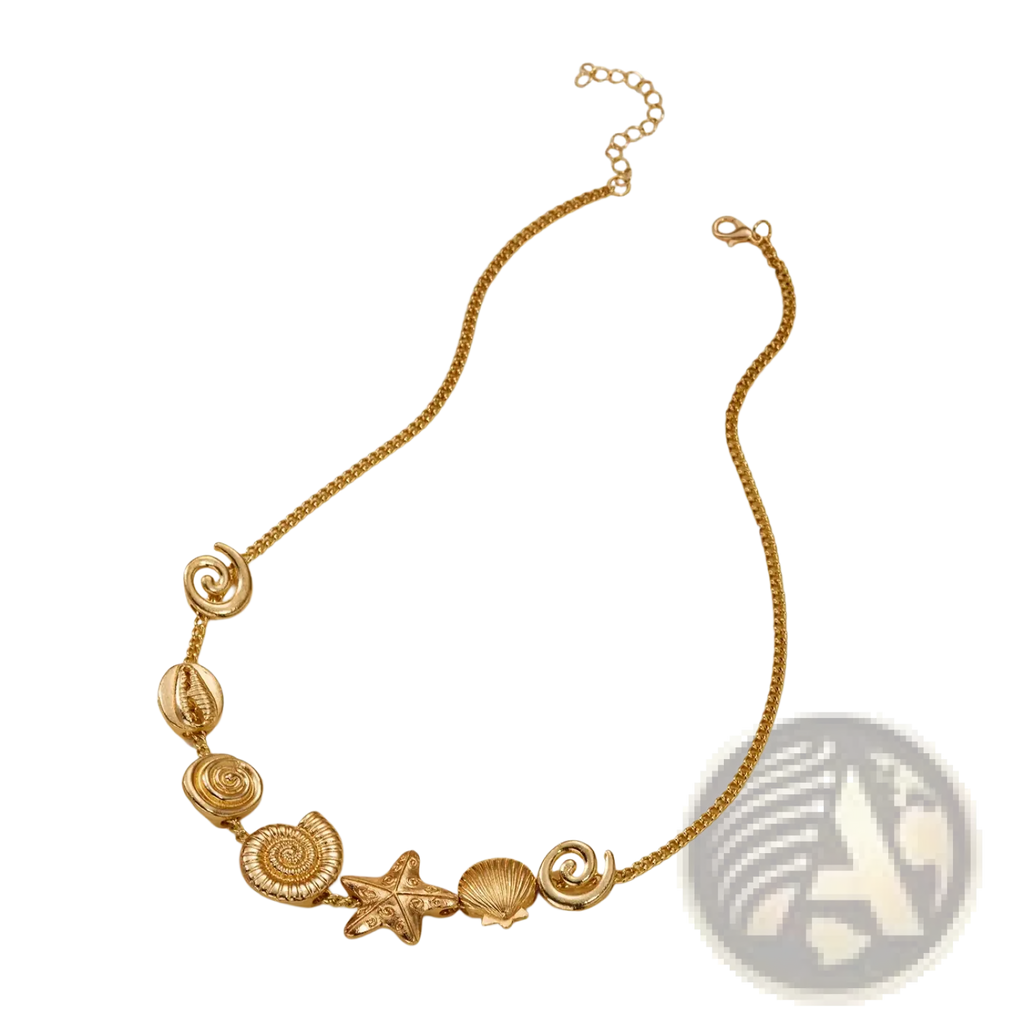 Gold seashell starfish choker necklace featuring a gold-toned chain with seashell and starfish charms