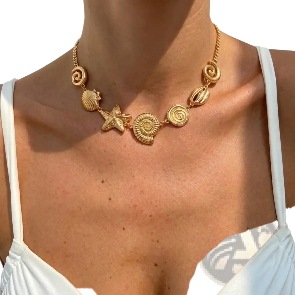 Gold seashell starfish choker necklace featuring a gold-toned chain with seashell and starfish charms