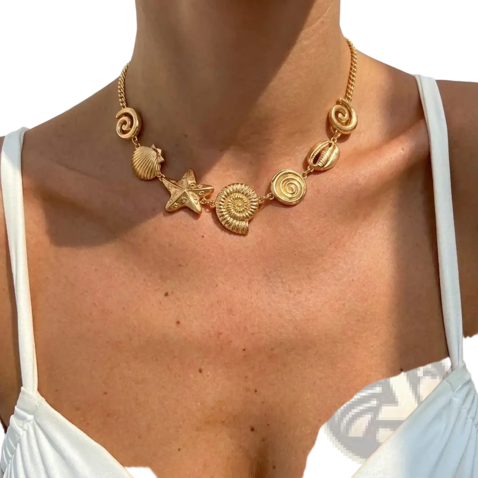 Gold seashell starfish choker necklace featuring a gold-toned chain with seashell and starfish charms