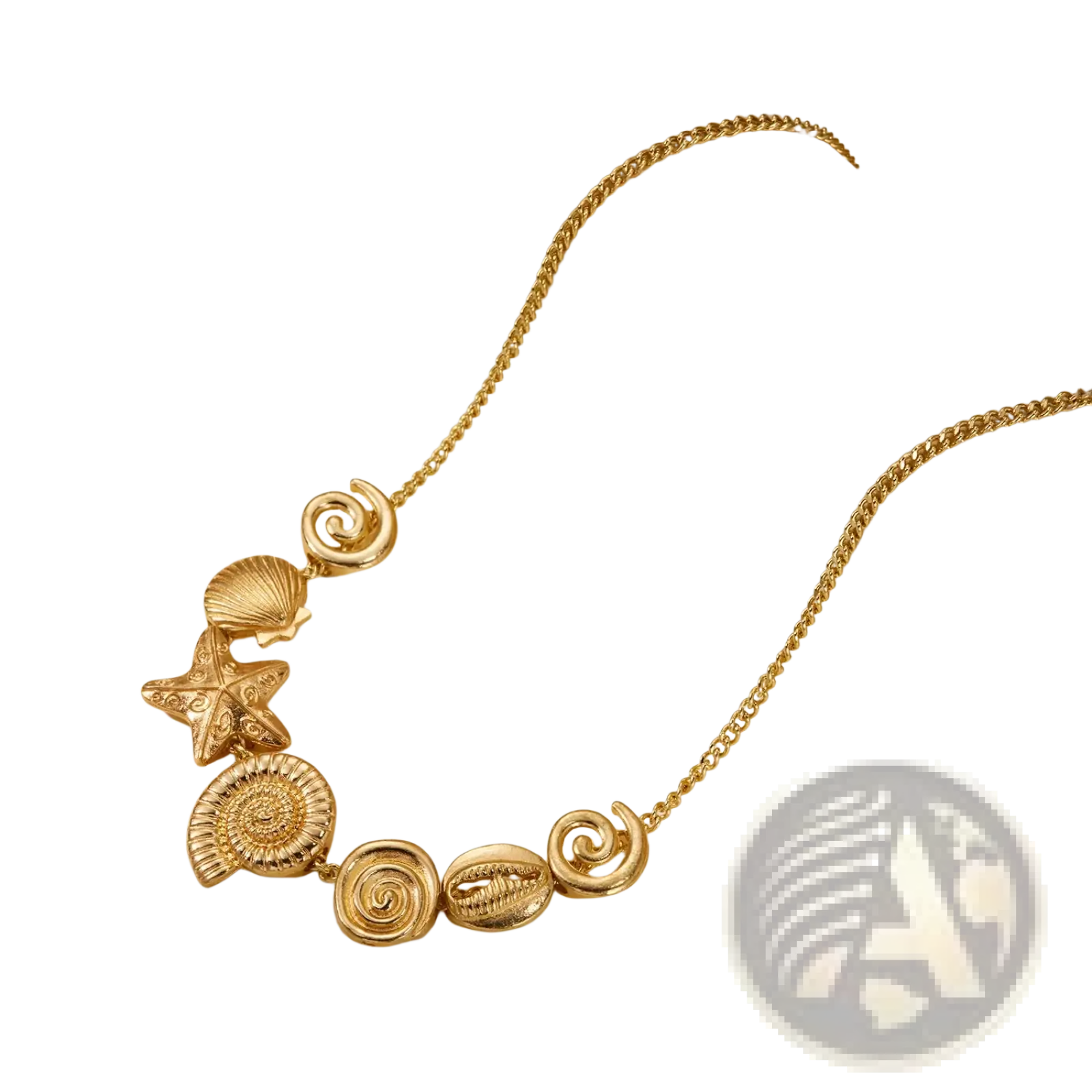 Gold seashell starfish choker necklace featuring a gold-toned chain with detailed seashell and starfish charms