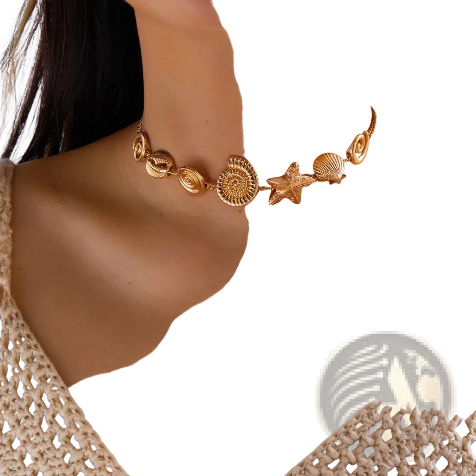 Gold seashell starfish choker necklace featuring gold-toned intricate sea-themed charms including shells starfish and ammonite