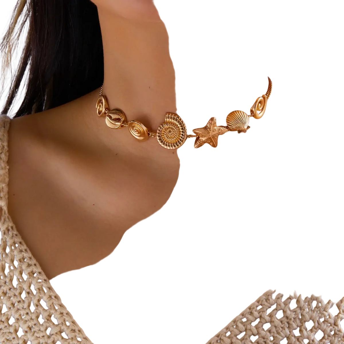 Gold seashell starfish choker necklace featuring gold-toned intricate sea-themed charms including shells starfish and ammonite