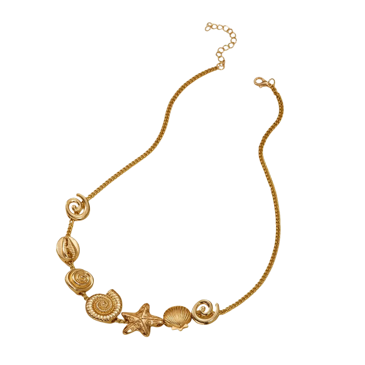 Gold seashell starfish choker necklace featuring a gold-toned chain with seashell and starfish charms