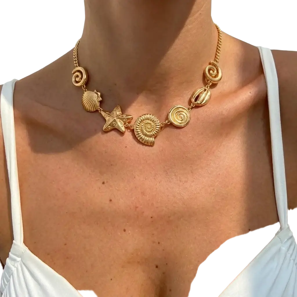 Gold seashell starfish choker necklace featuring a gold-toned chain with seashell and starfish charms