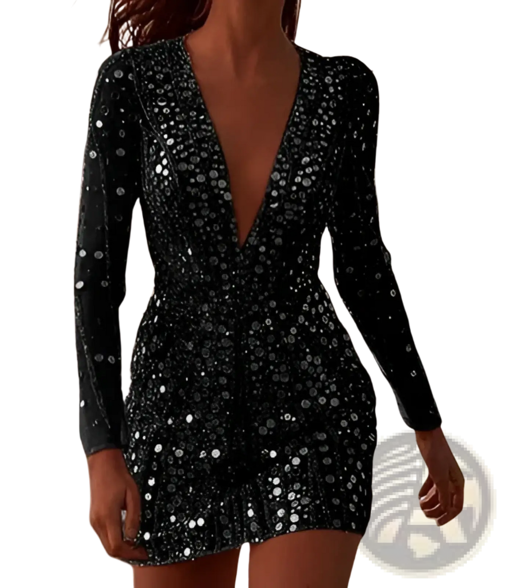 Black sequined long-sleeve mini dress with deep v-neckline and silver embellishments in gold sequin style
