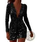 Black sequined long-sleeve mini dress with deep v-neckline and silver embellishments in gold sequin style