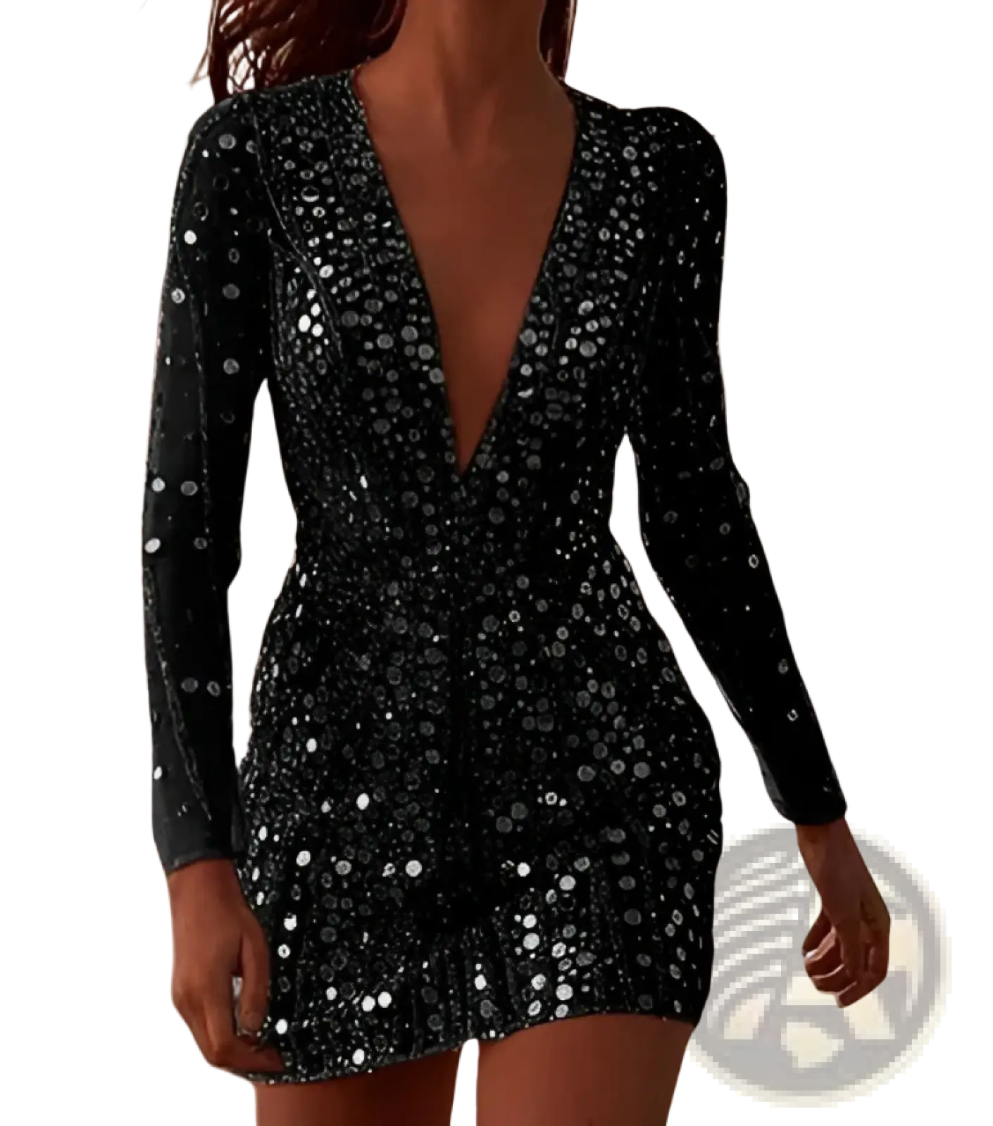 Black sequined long-sleeve mini dress with deep v-neckline and silver embellishments in gold sequin style