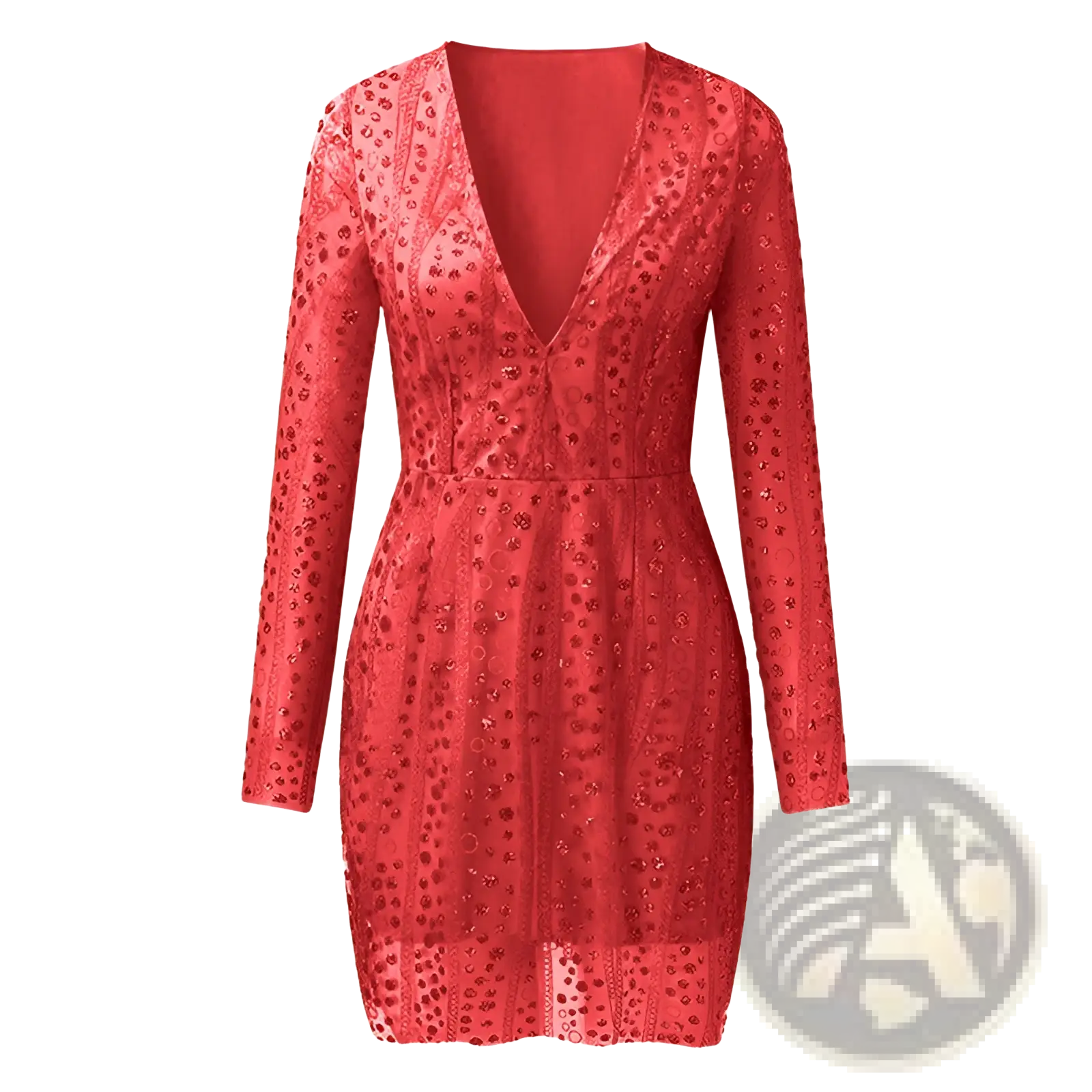 A vibrant red long-sleeved lace dress with gold sequins and intricate embroidery for elegant occasions