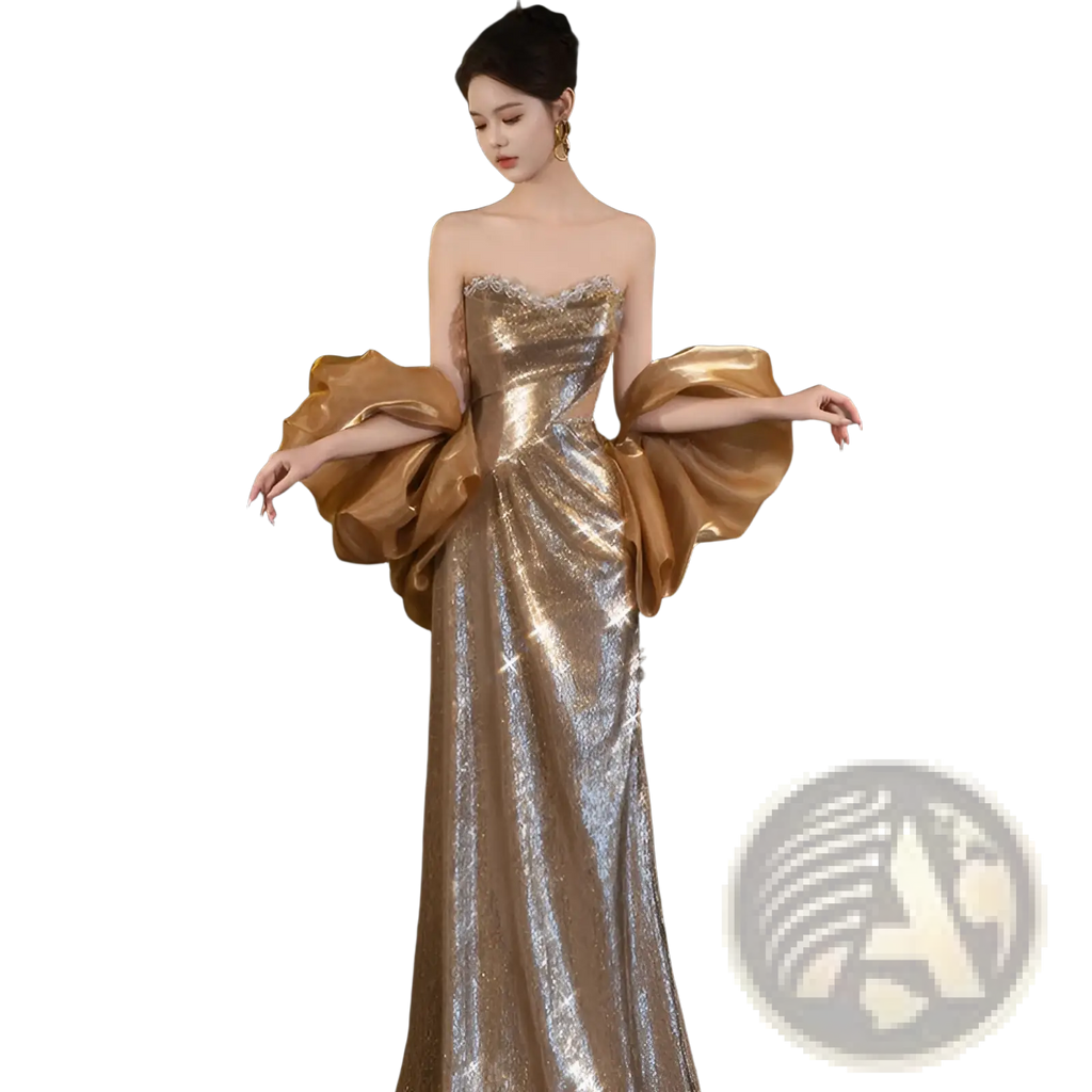 A gold sequin evening gown with dramatic satin puff sleeves and a fitted bodice for formal occasions