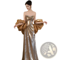 A gold sequin evening gown with dramatic satin puff sleeves and a fitted bodice for formal occasions