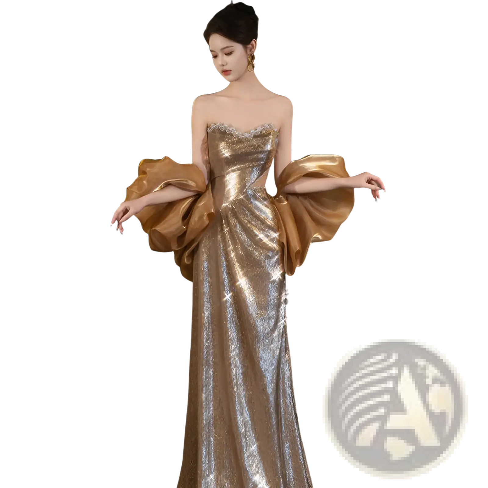 A gold sequin evening gown with dramatic satin puff sleeves and a fitted bodice for formal occasions