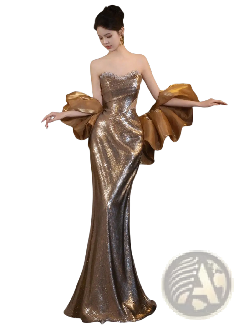 Gold sequin evening gown featuring shimmering sequins and dramatic satin puff sleeves in a mermaid silhouette