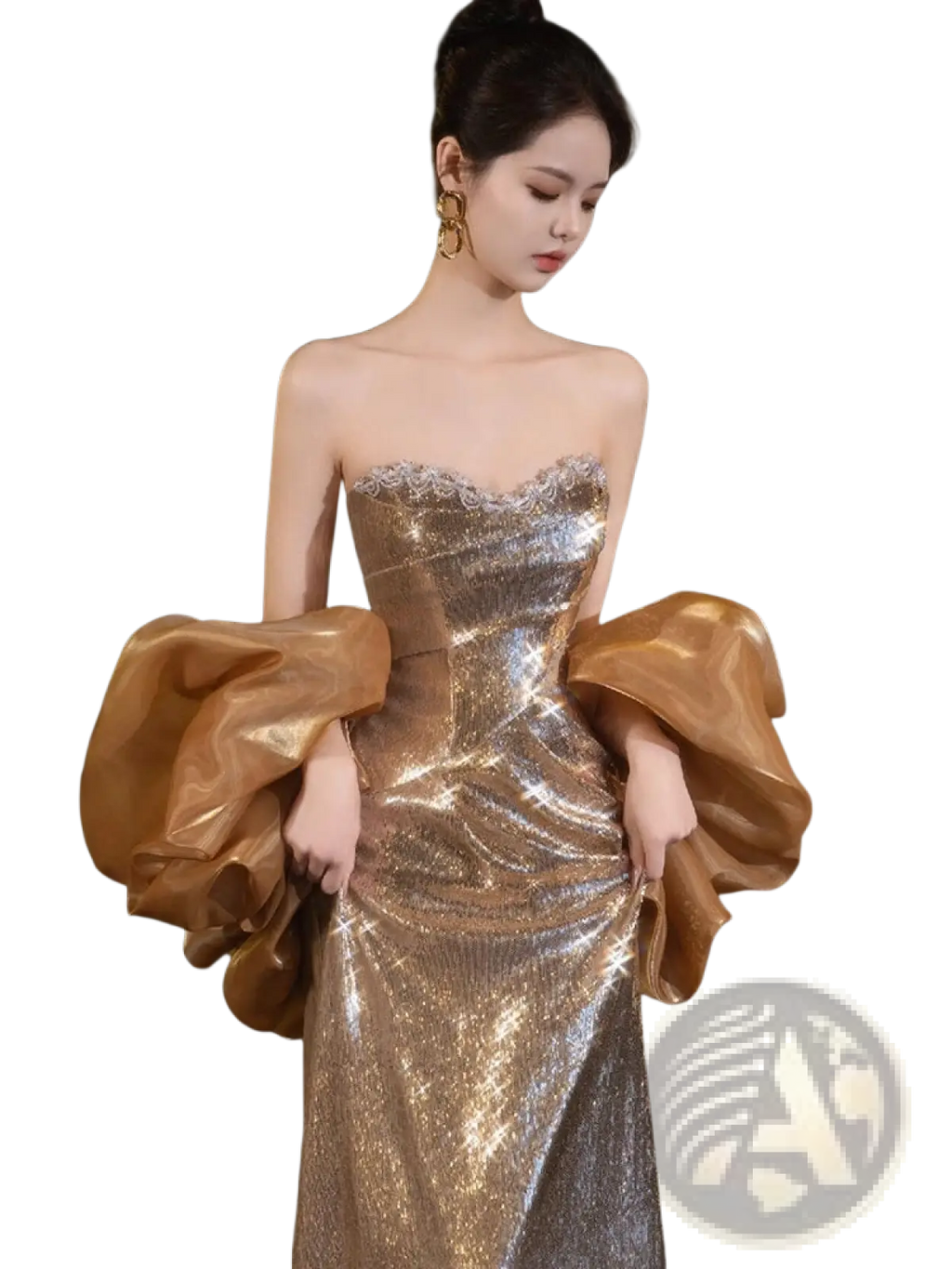 Gold sequin evening gown with dramatic satin puff sleeves and shimmering gold sequins for formal occasions