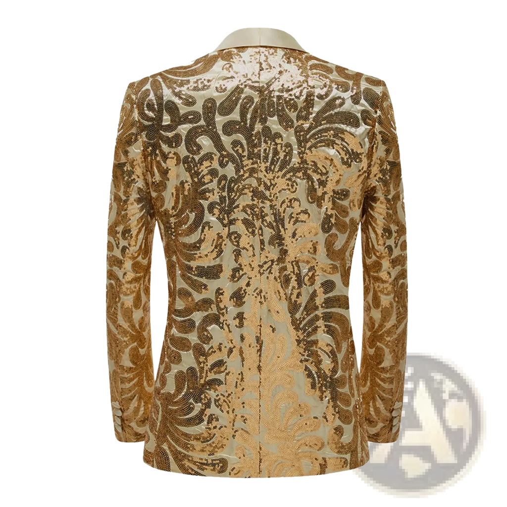 Gold sequin mens suit jacket featuring an intricate ornate floral pattern in a shimmering gold sequined fabric