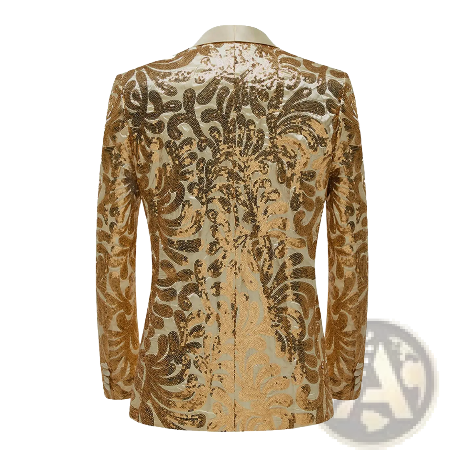 Gold sequin mens suit jacket featuring an intricate ornate floral pattern in a shimmering gold sequined fabric