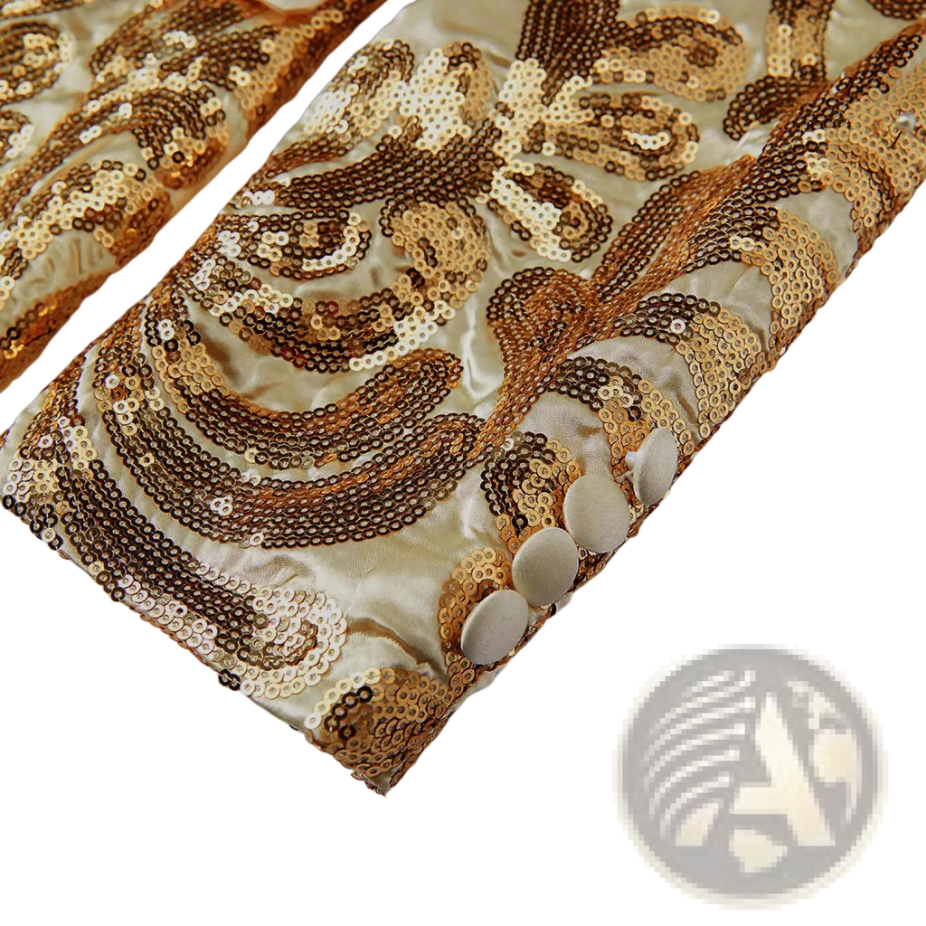 Gold sequin mens suit jacket paired with gold and cream sequined pants featuring intricate paisley patterns