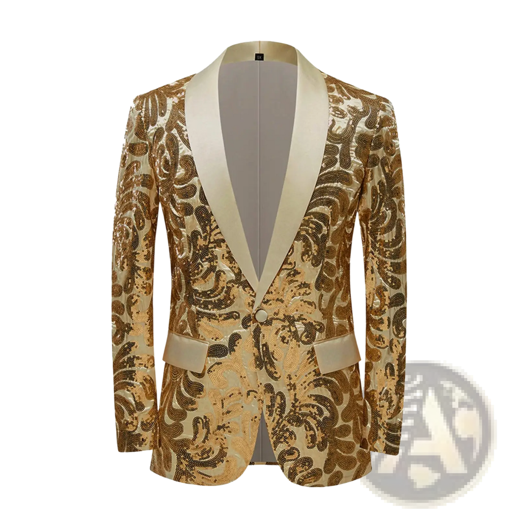 A gold sequin mens suit jacket with an elegant cream satin lapel and matching pocket flaps in retro floral style