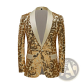 A gold sequin mens suit jacket with an elegant cream satin lapel and matching pocket flaps in retro floral style