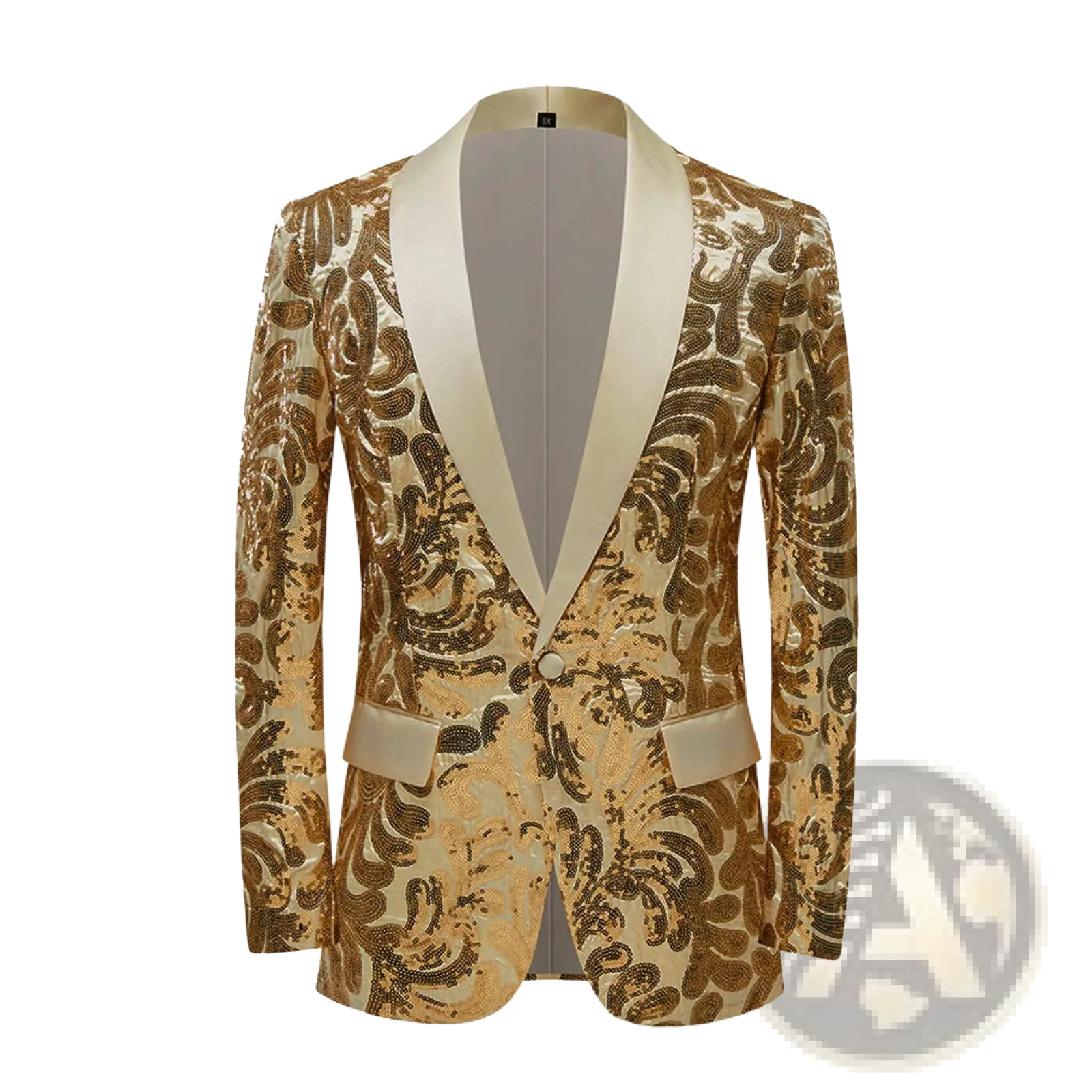 A gold sequin mens suit jacket with an elegant cream satin lapel and matching pocket flaps in retro floral style