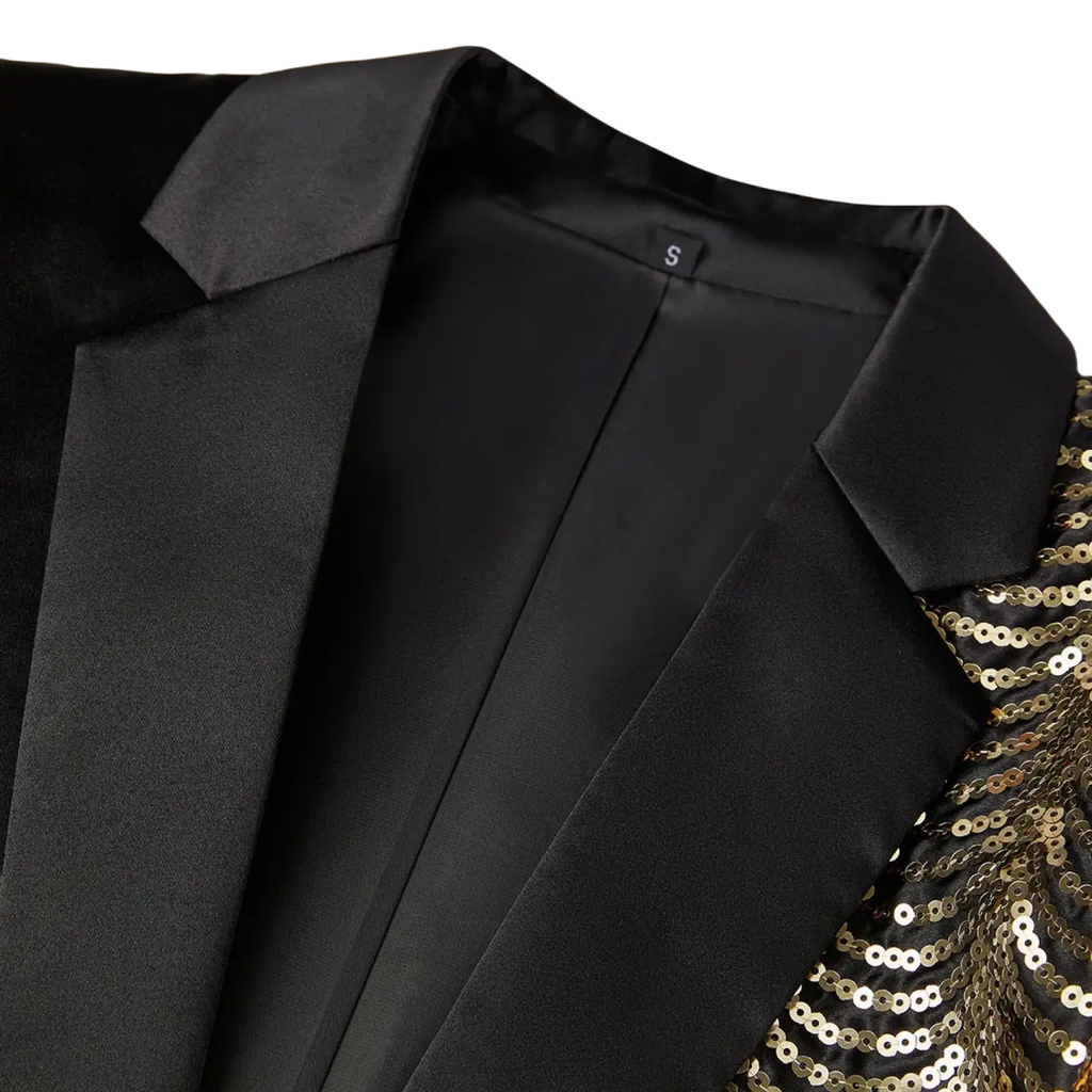 Black satin blazer for men featuring gold sequin detailing on the sleeve for a stylish formal look