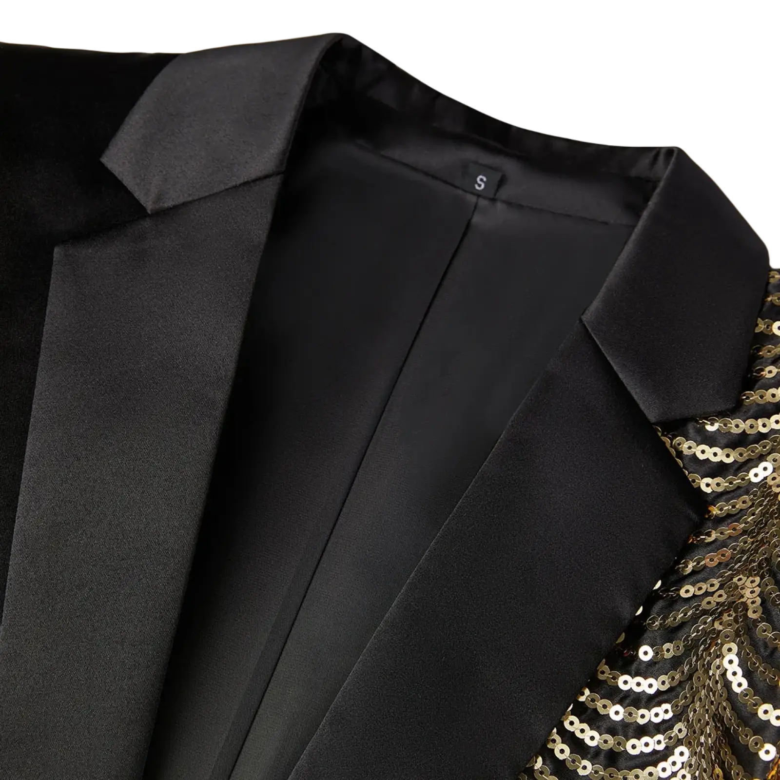 Black satin blazer for men featuring gold sequin detailing on the sleeve for a stylish formal look