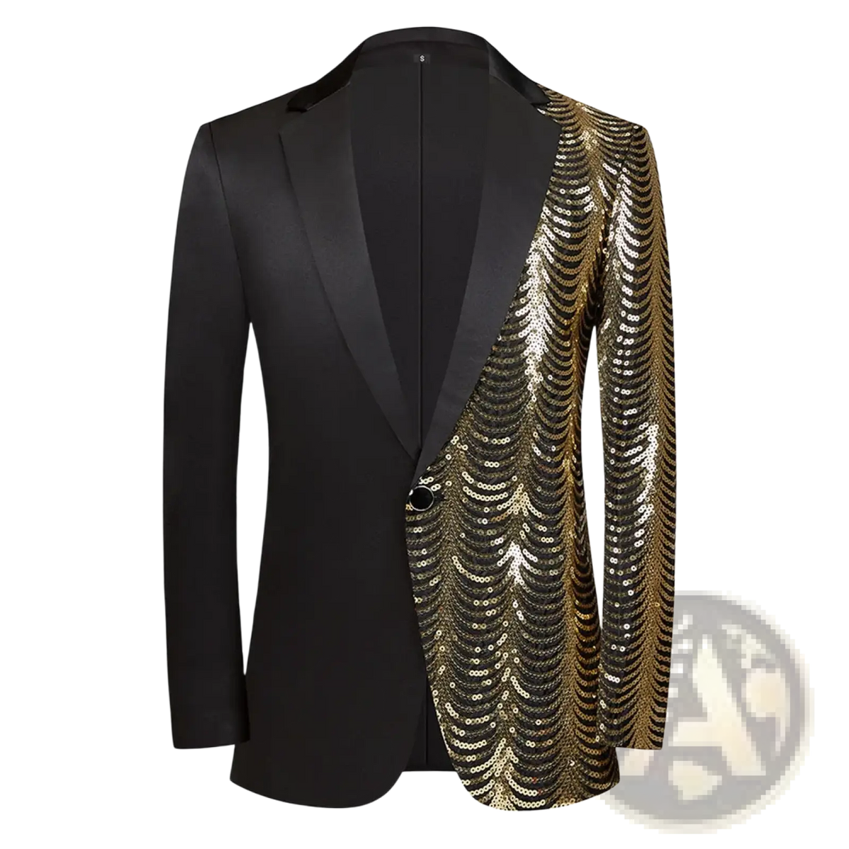 Black and gold sequined blazer with sleek satin lapel design for men featuring gold sequin sleeves and black satin fabric