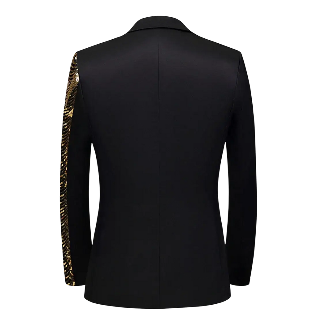 Black satin blazer for men with gold sequin detailing along the left sleeve for formal occasions
