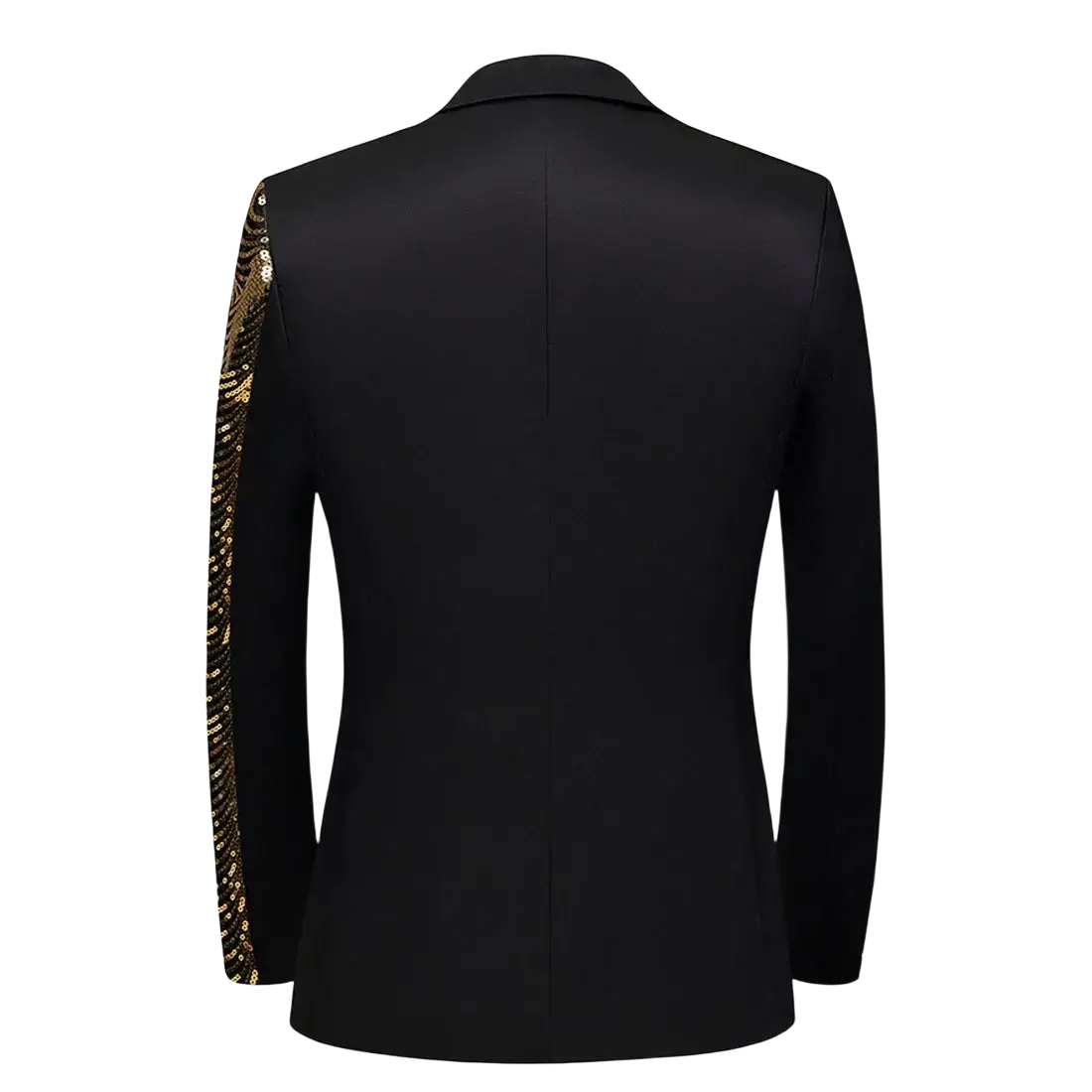 Black satin blazer for men with gold sequin detailing along the left sleeve for formal occasions