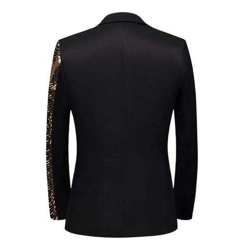 Black satin blazer for men with gold sequin detailing along the left sleeve for formal occasions