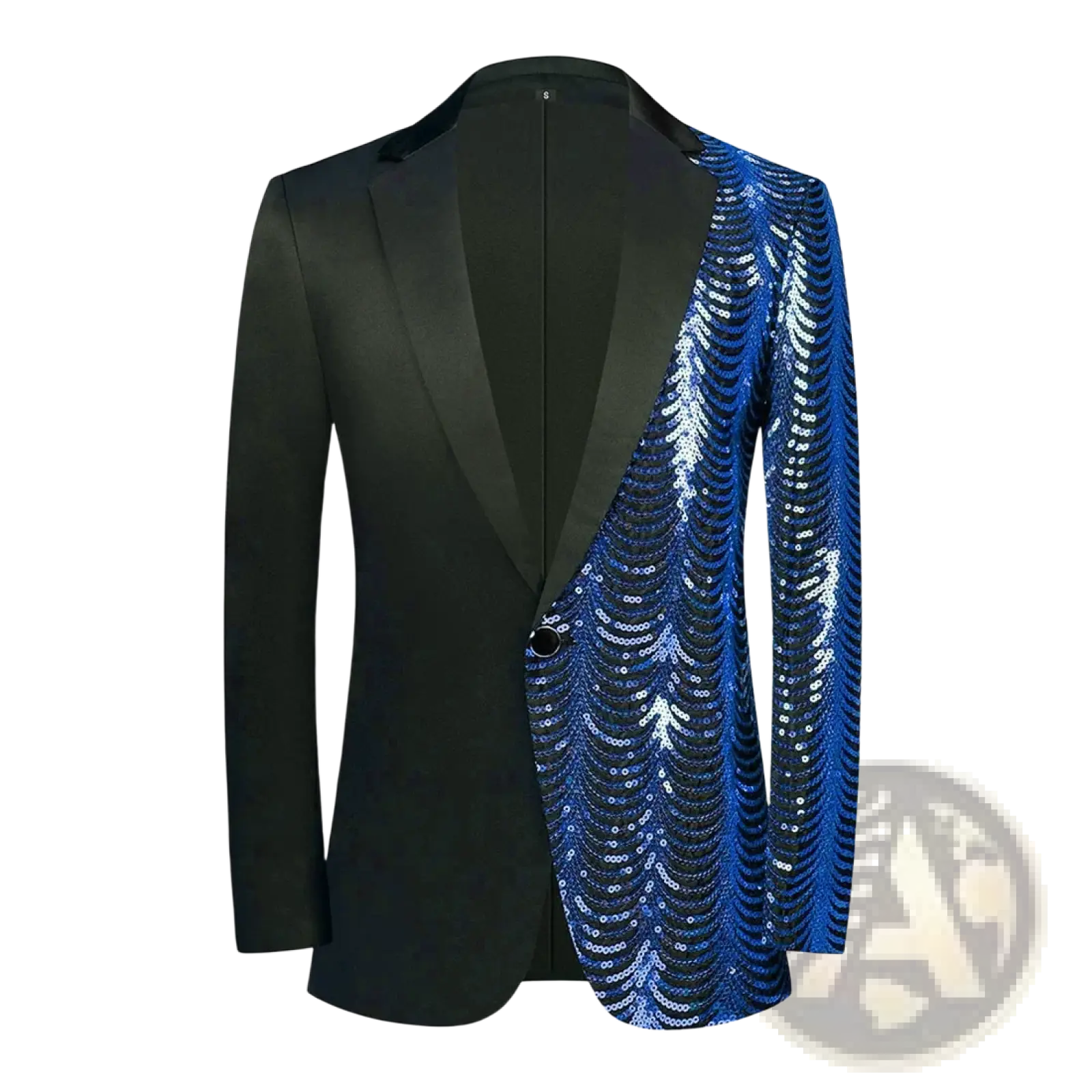 Black satin blazer for men with a striking black and blue sequined blazer featuring a bold shimmering pattern on one side