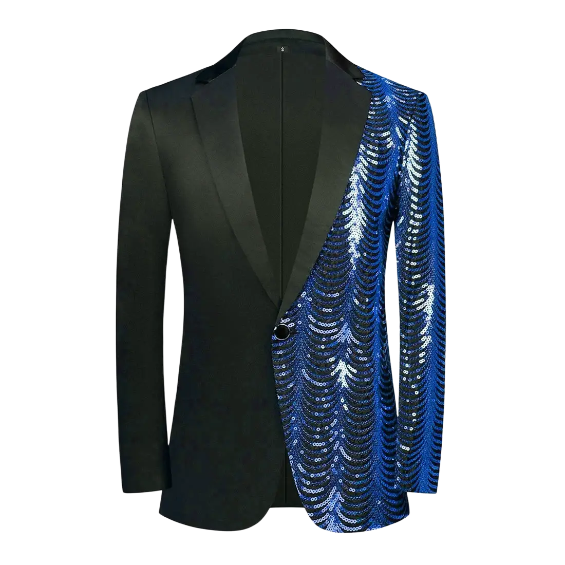 Black satin blazer for men with a striking black and blue sequined blazer featuring a bold shimmering pattern on one side