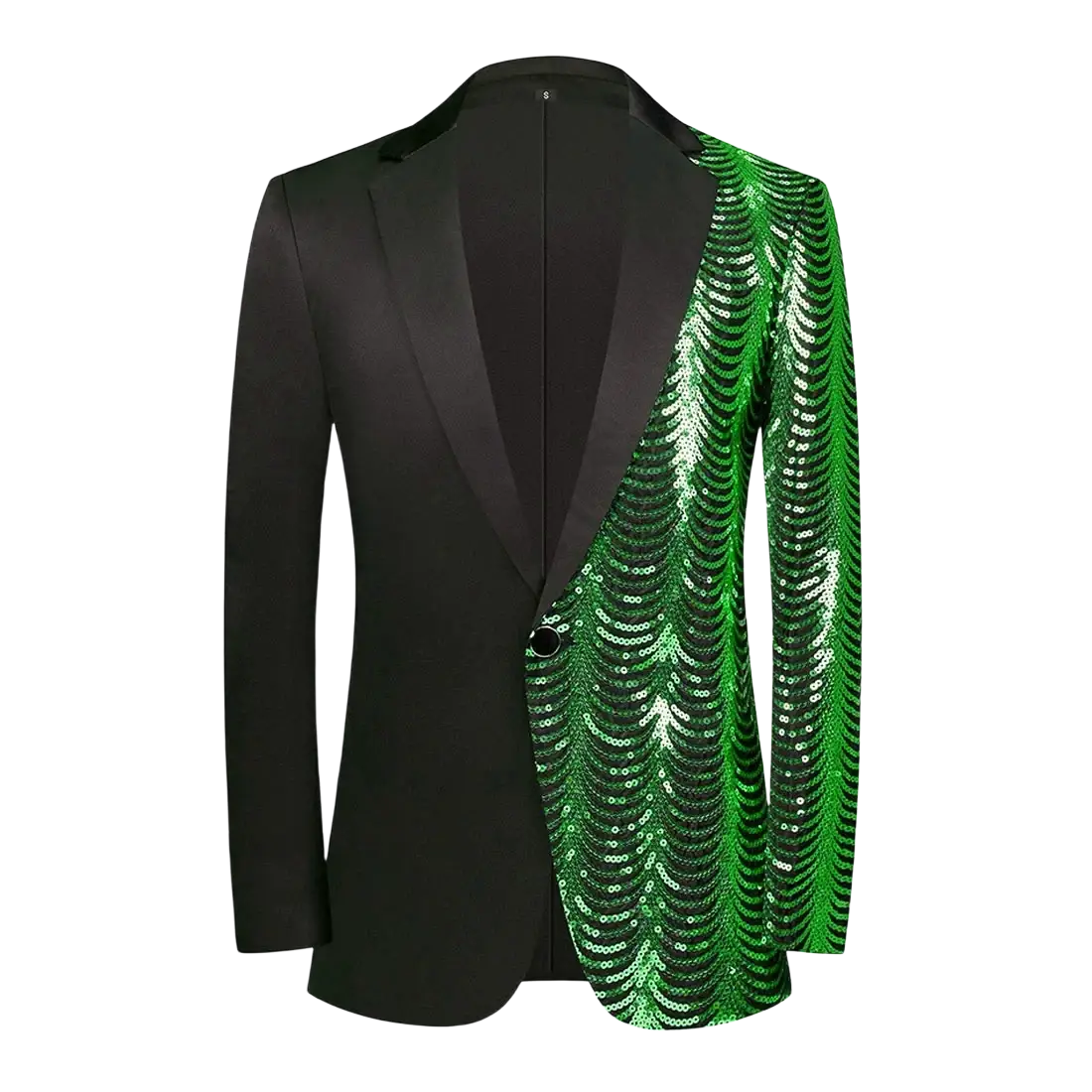 Black satin blazer men with a gold sequin sleeve and a striking black and emerald green wave-patterned design