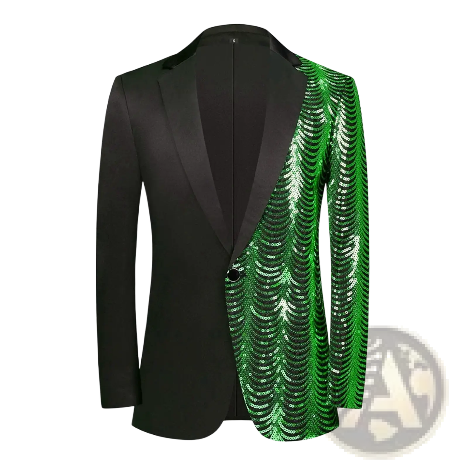 Black satin blazer men with a gold sequin sleeve and a striking black and emerald green wave-patterned design