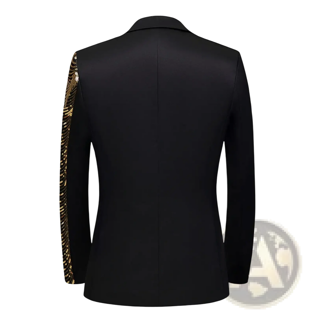 Black satin blazer for men with gold sequin detailing along the left sleeve for formal occasions
