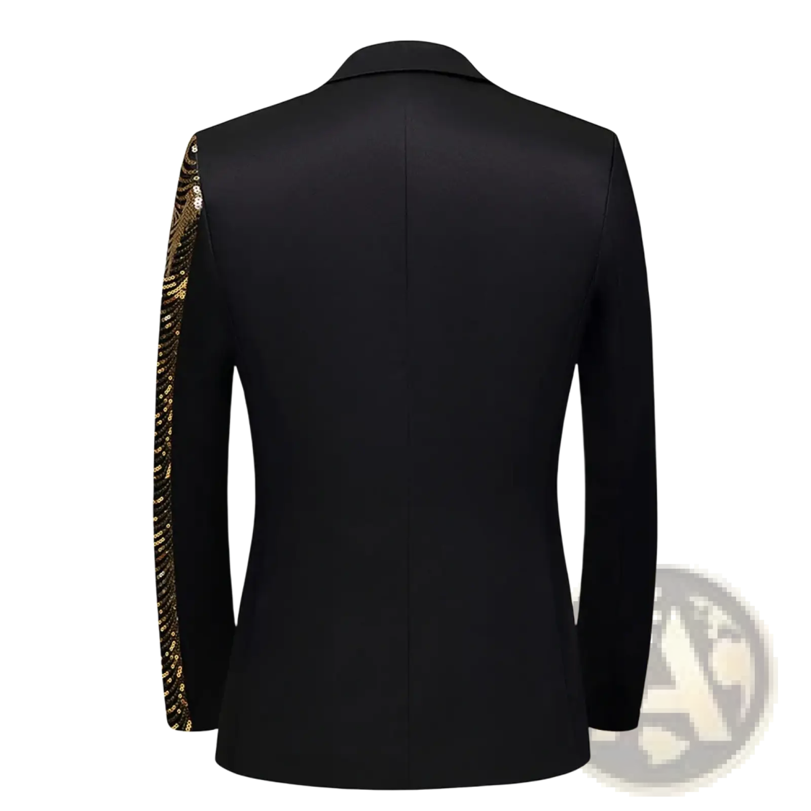 Black satin blazer for men with gold sequin detailing along the left sleeve for formal occasions