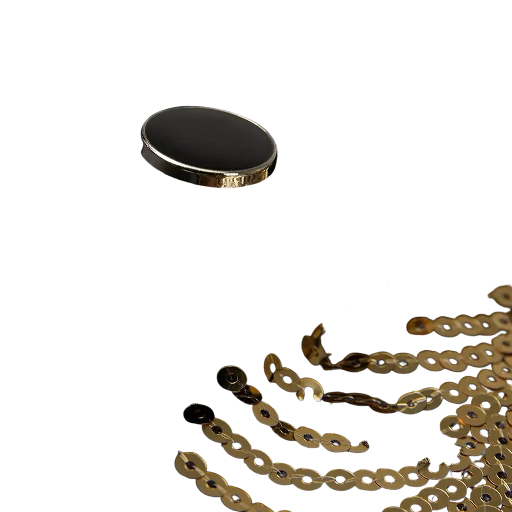 Black satin blazer men with gold sequin sleeve featuring a black oval button with a gold-toned metallic rim