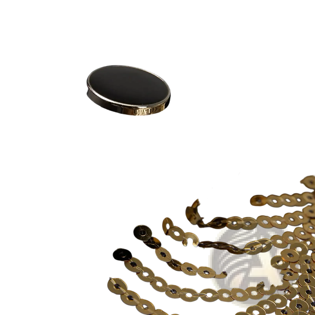 Black satin blazer men with gold sequin sleeve featuring a black oval button with a gold-toned metallic rim