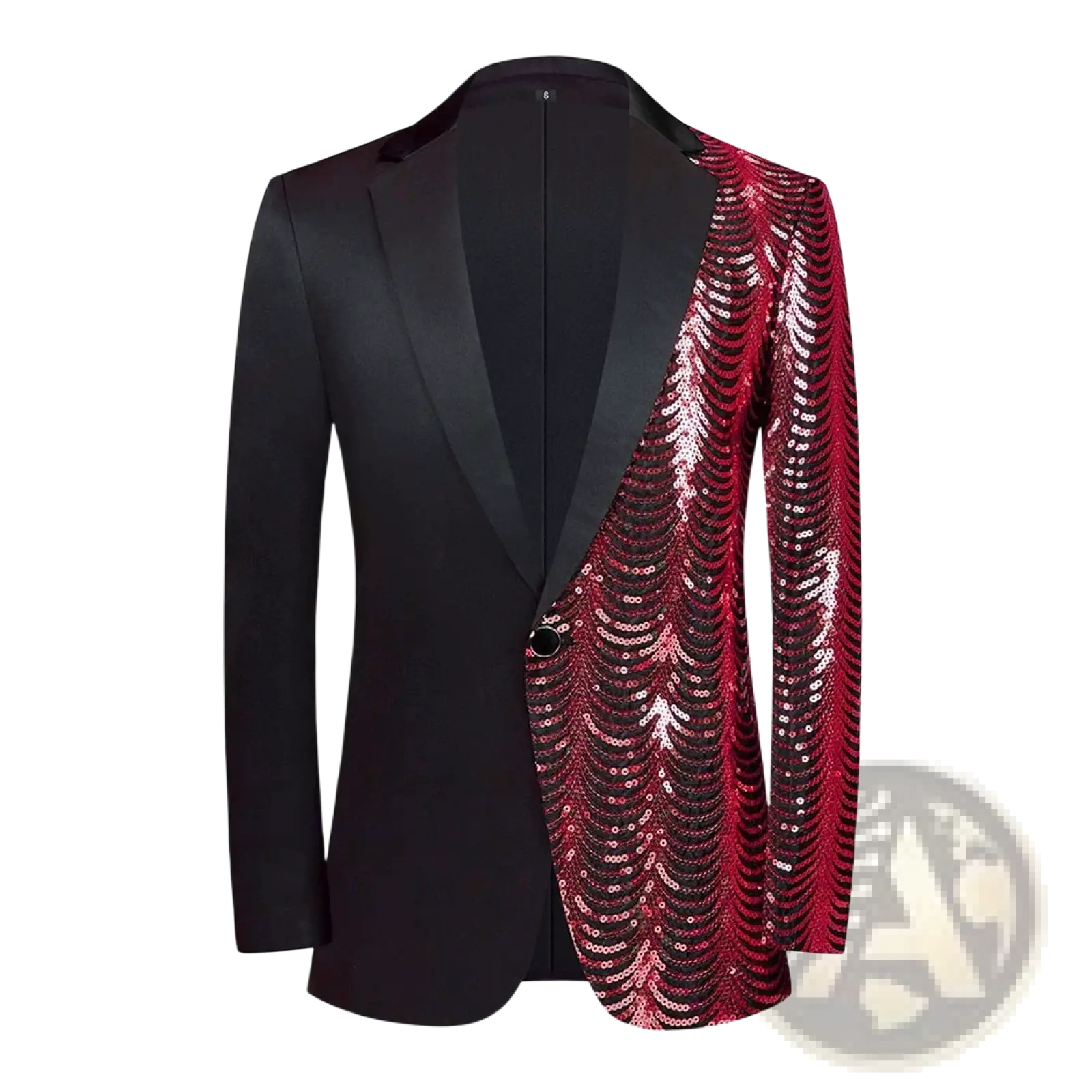 Gold sequin sleeve black satin blazer for men with striking black and red sequined half-sleeve design and shimmering waves