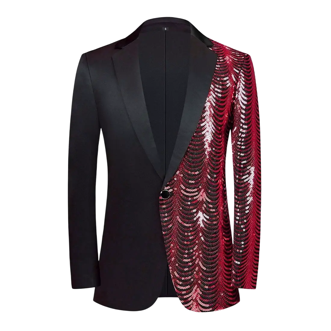 Gold sequin sleeve black satin blazer for men with striking black and red sequined half-sleeve design and shimmering waves