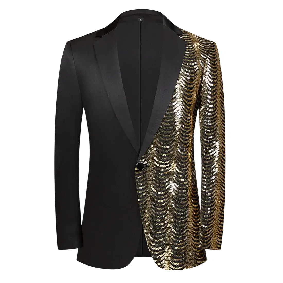 Black and gold sequined blazer with sleek satin lapel design for men featuring gold sequin sleeves and black satin fabric