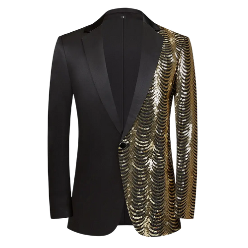 Black and gold sequined blazer with sleek satin lapel design for men featuring gold sequin sleeves and black satin fabric