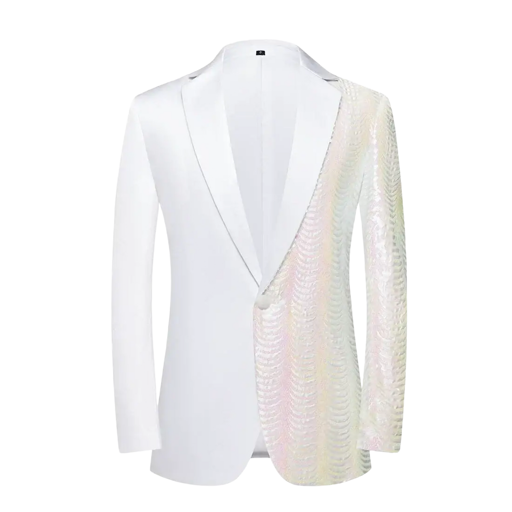 A sleek white tuxedo jacket with an iridescent sequined panel on the right side and sleeve for men