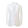 A sleek white tuxedo jacket with an iridescent sequined panel on the right side and sleeve for men