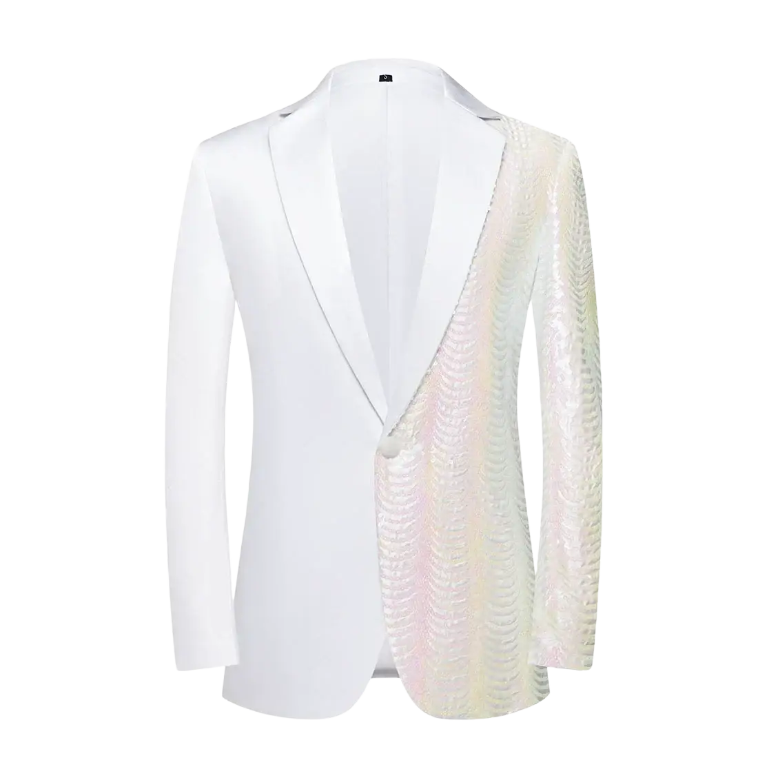 A sleek white tuxedo jacket with an iridescent sequined panel on the right side and sleeve for men