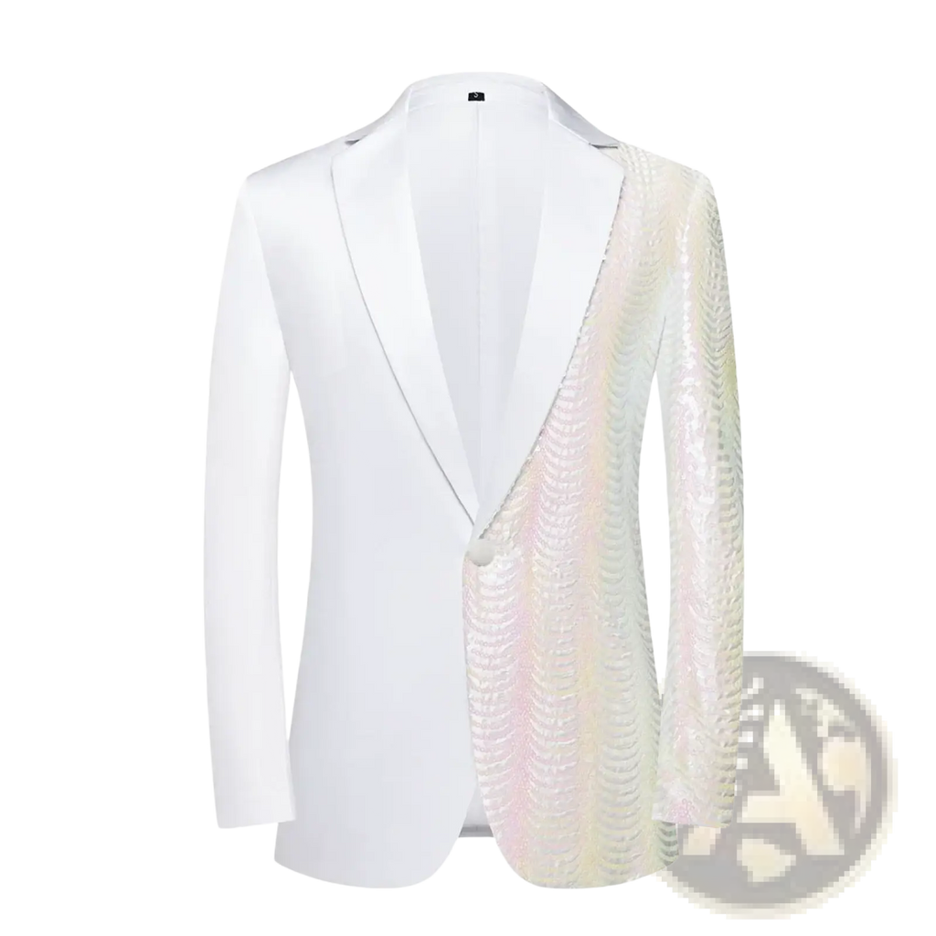 A sleek white tuxedo jacket with an iridescent sequined panel on the right side and sleeve for men