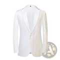 A sleek white tuxedo jacket with an iridescent sequined panel on the right side and sleeve for men